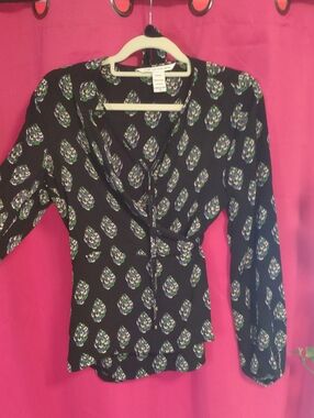 Diane von Furstenberg Black Silk Blouse with Green & Purple Floral Print